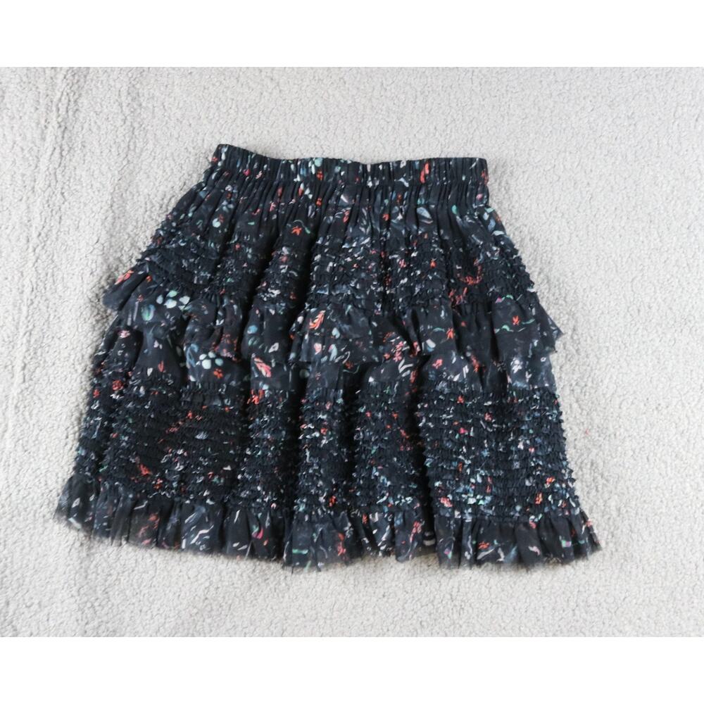 All Saints Mini Skirt Small Black Multi Printed Ruffle Sanse Freefall Skirt